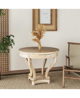 Farmhouse Round End Table 2 Drawer MDF Veneer Accent Side Table Natural Wood