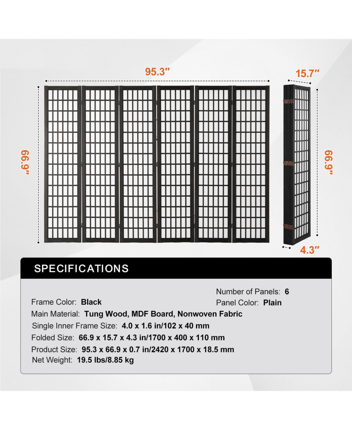 Slickblue Folding 6 Panel Privacy Room Divider Screen, Portable Indoor Partition for Living Bedroom