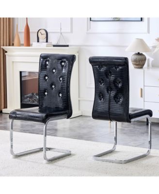 Set of 2 Retro Faux Alligator Skin Dining Chairs, PVC Leather Chairs with Crystal Buckle and Electroplated Metal Legs