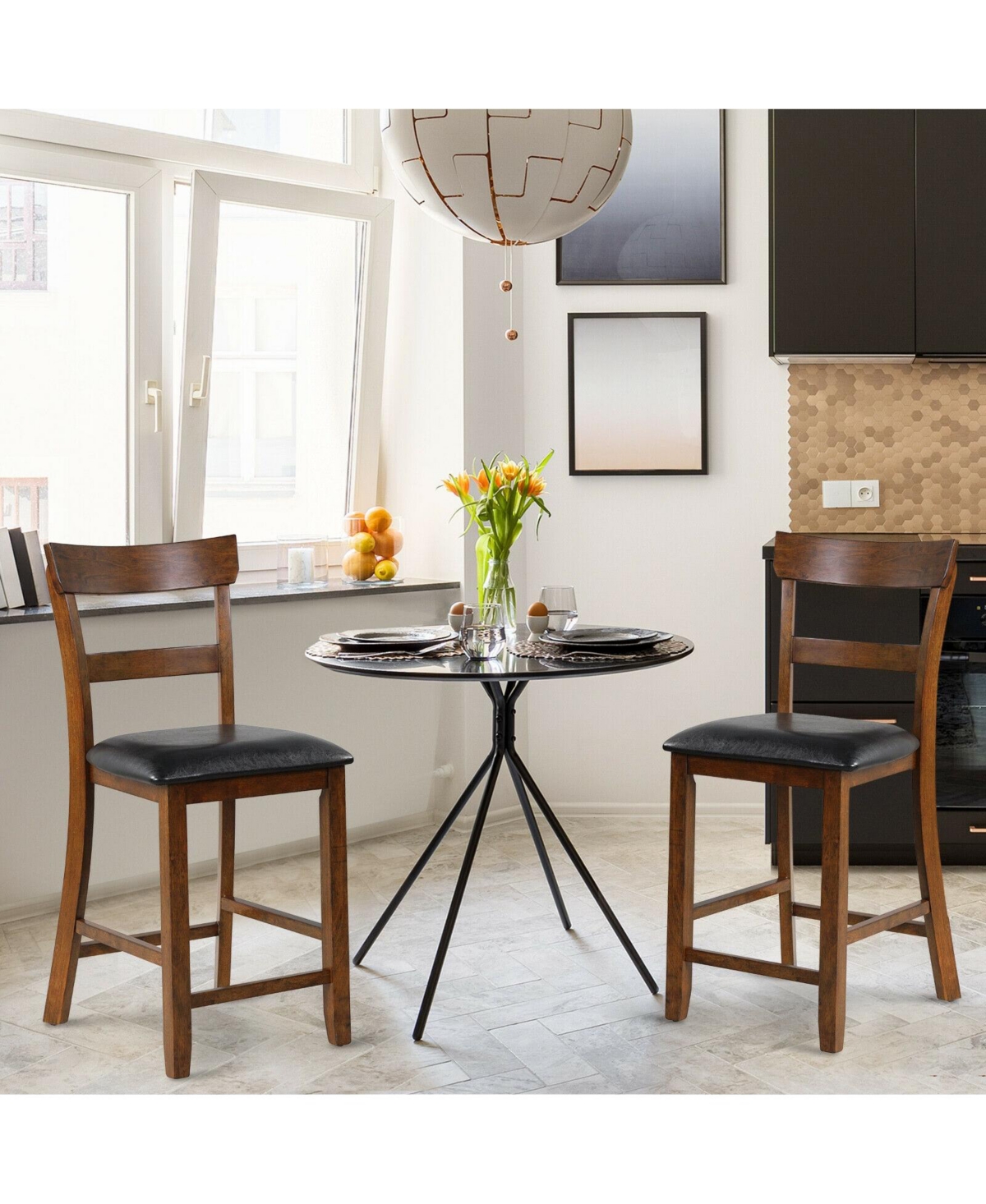 Mecale Set of 2 Counter-Height Chairs with Leather Seat and Wood Legs