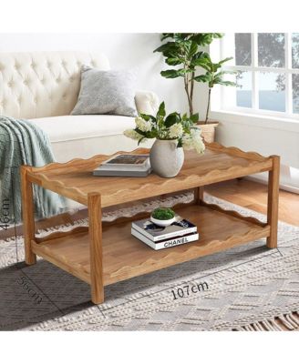 2-Tier Rectangular Coffee Table Rubberwood Storage Shelf Modern Living Room Table