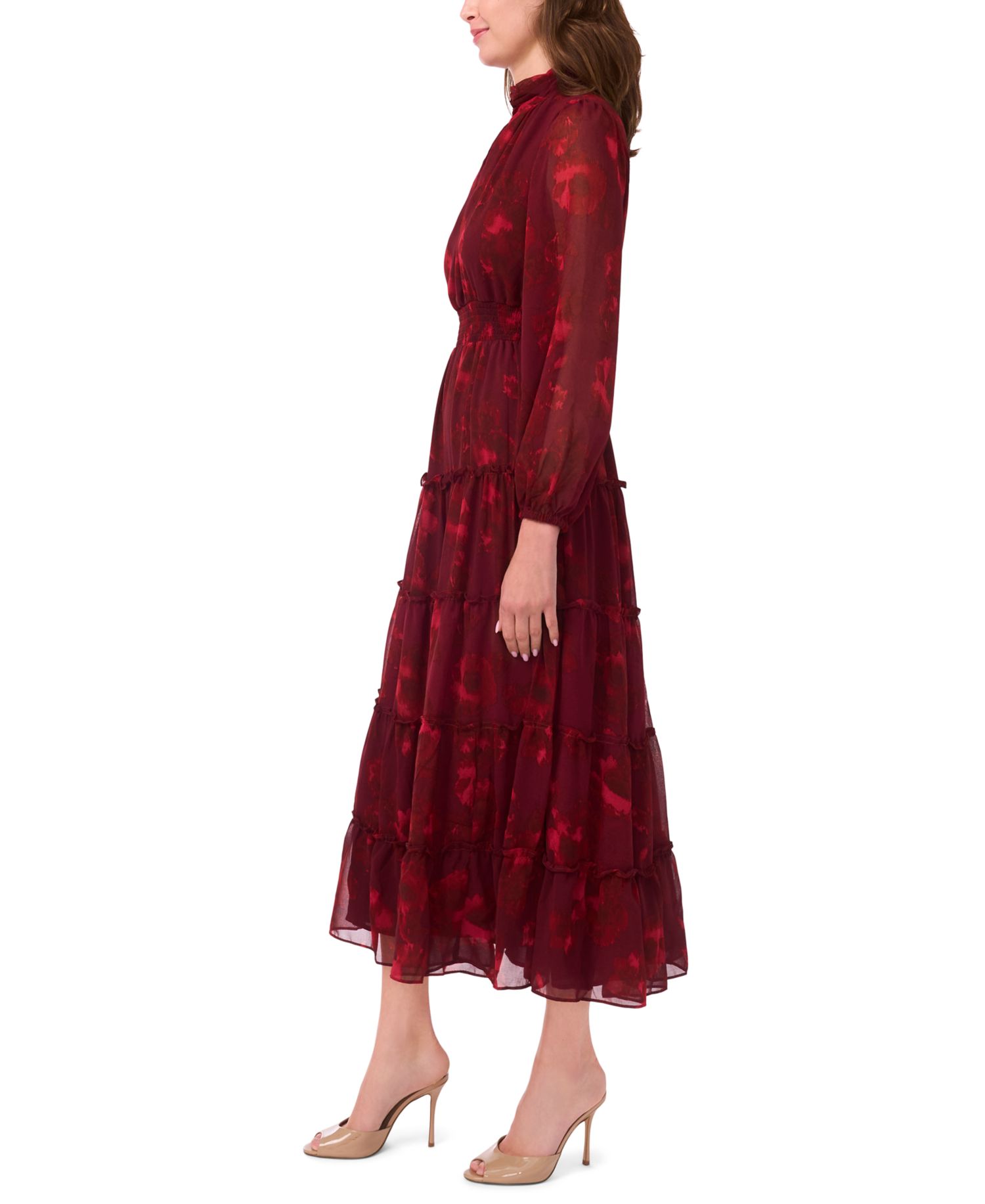 Petite Long-Sleeve Floral-Print Keyhole Dress