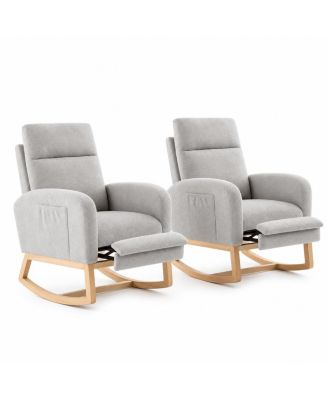 Set of 2 Soft Fabric Rocking Chairs, Adjustable Footrest and High Backrest, Solid Wood Legs with Dual Side Pockets for Restaurant or Lounge
