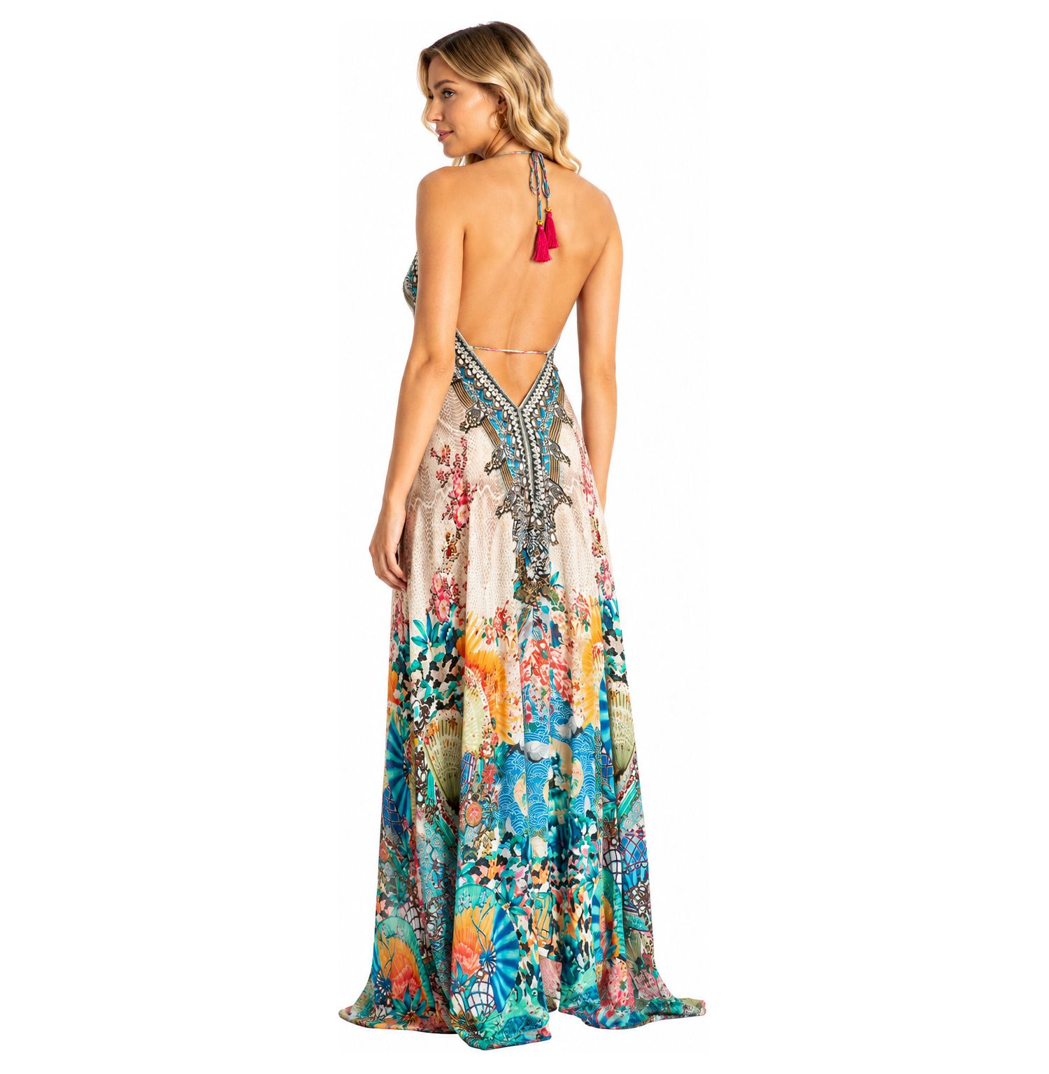Women's Floral Halter Plunge Maxi Dress