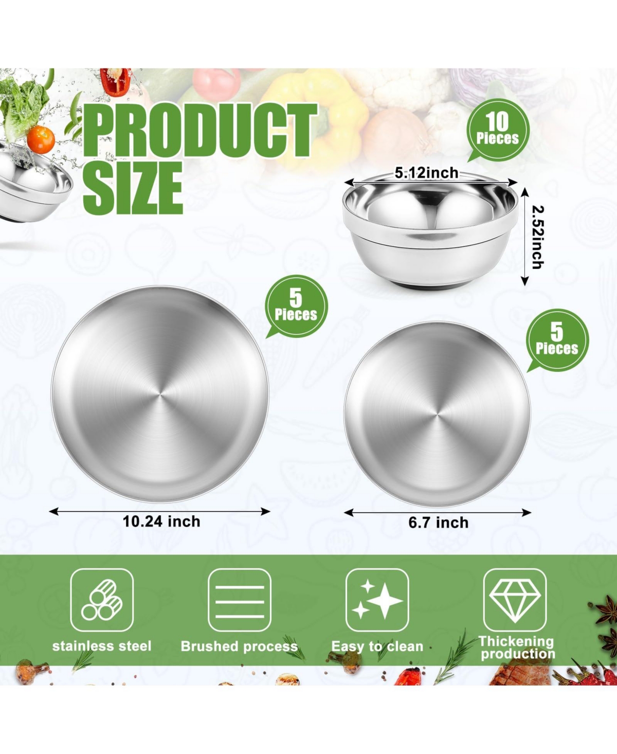 Piscifun 10 Sets Stainless Steel Camping Tableware Double Walled Insulated Serving Dishes
