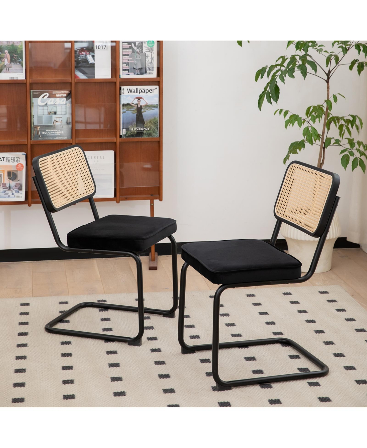 Flynama Set of 2 Velvet Rattan Cantilever Dining Chairs