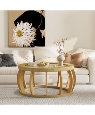 35.43" Round Vintage Rattan Coffee Table Solid Wood Boho Curved Leg Accent