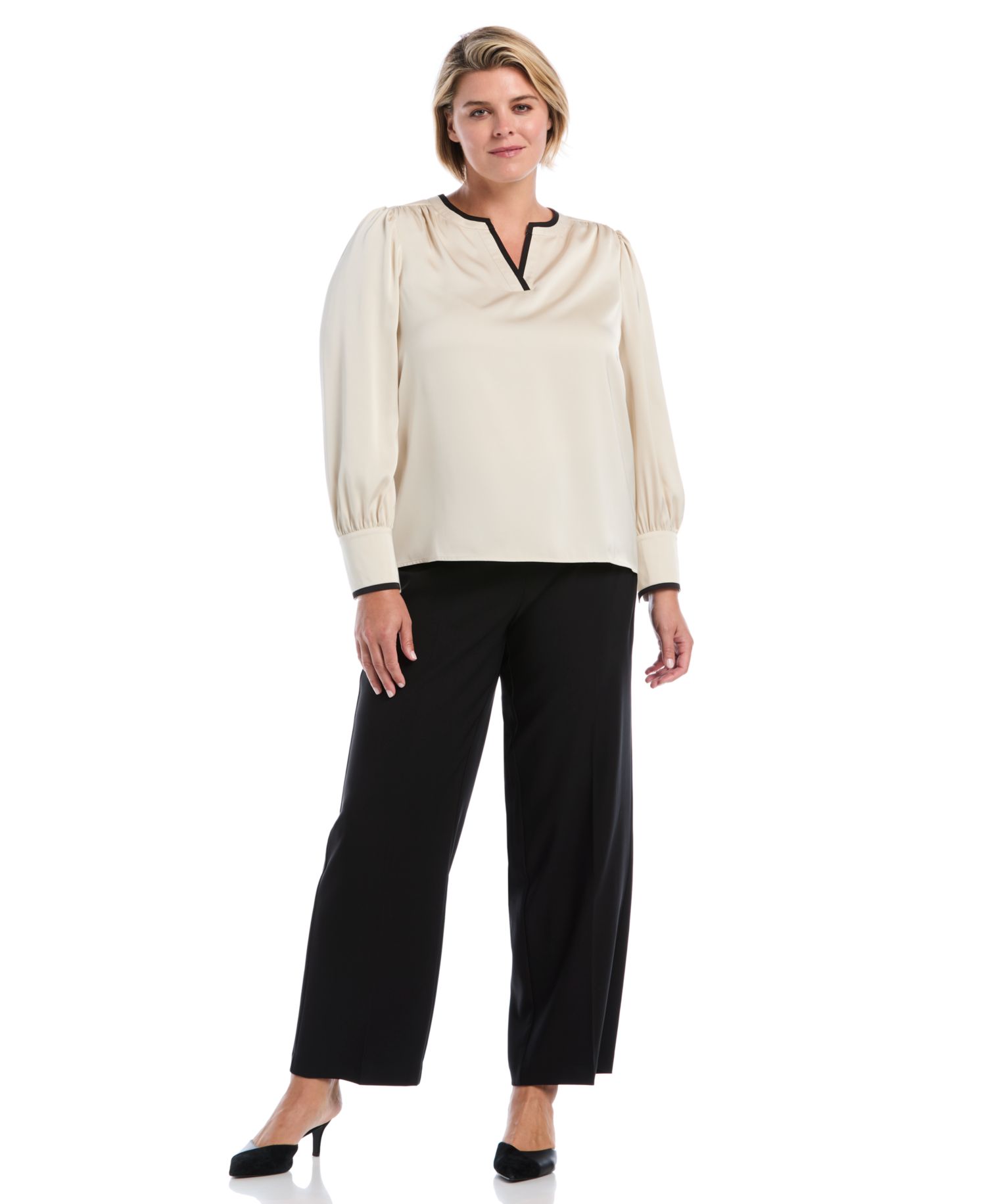 Plus Size Satin Split-Neck Long-Sleeve Blouse
