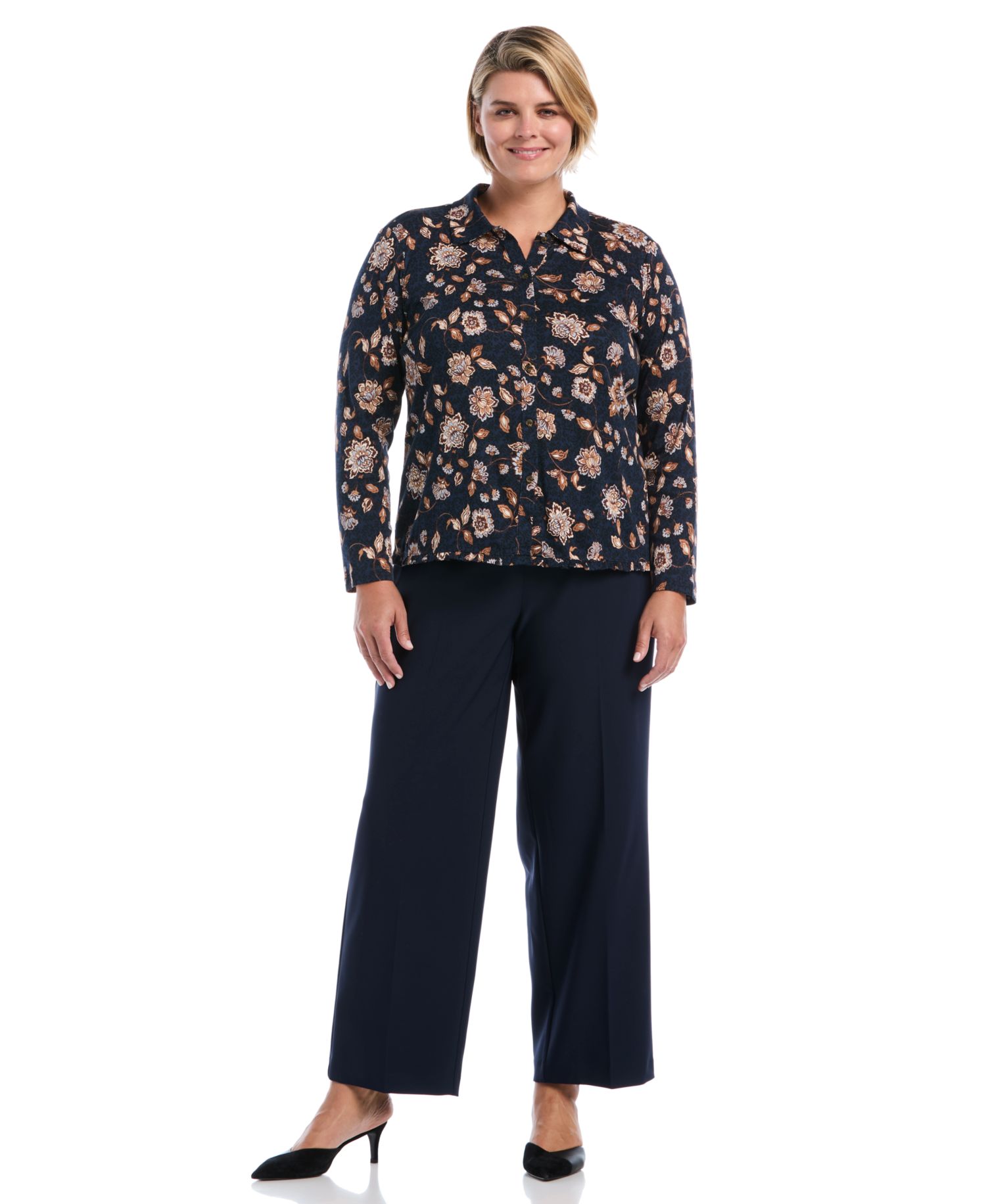 Plus Size Floral Long-Sleeve Button-Up Blouse