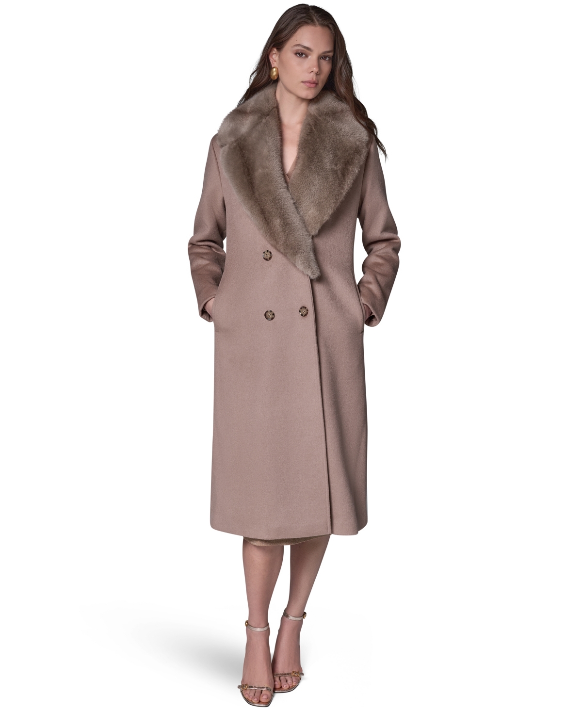 Donna Karan New York Women's Wool-Blend Faux-Fur-Collar Coat