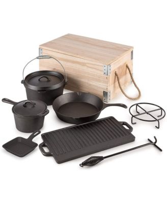 8 Piece Pre Seasoned Cast Iron Dutch Oven Cooking Set With Wooden Carrying Box For Outdoor Camping Home