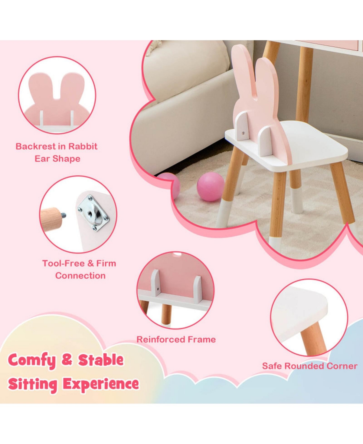 Gouun Kids Vanity Table and Chair Set with Storage Drawer and Rabbit Mirror