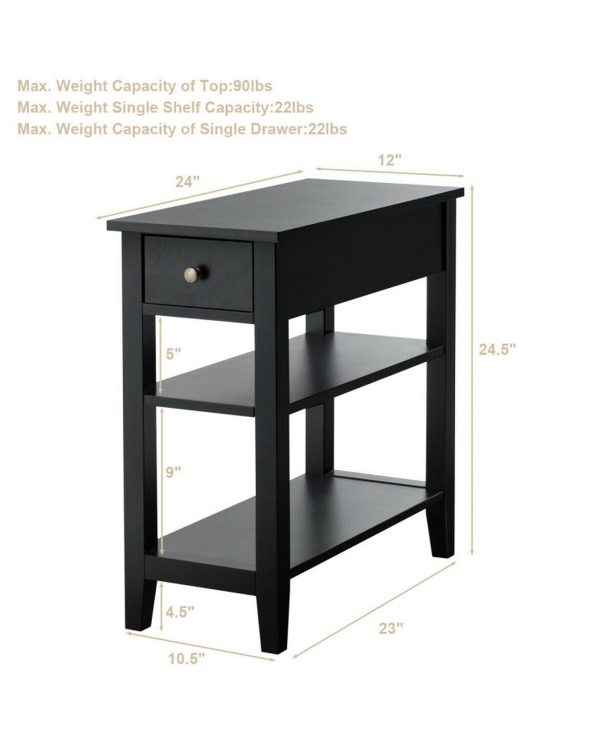 Gouun 3-Tier End Table Nightstand with Drawer and Double Open Shelves