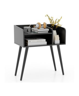 Mid Century Modern Nightstand with Two-Tier Open Shelves and Side Shelf