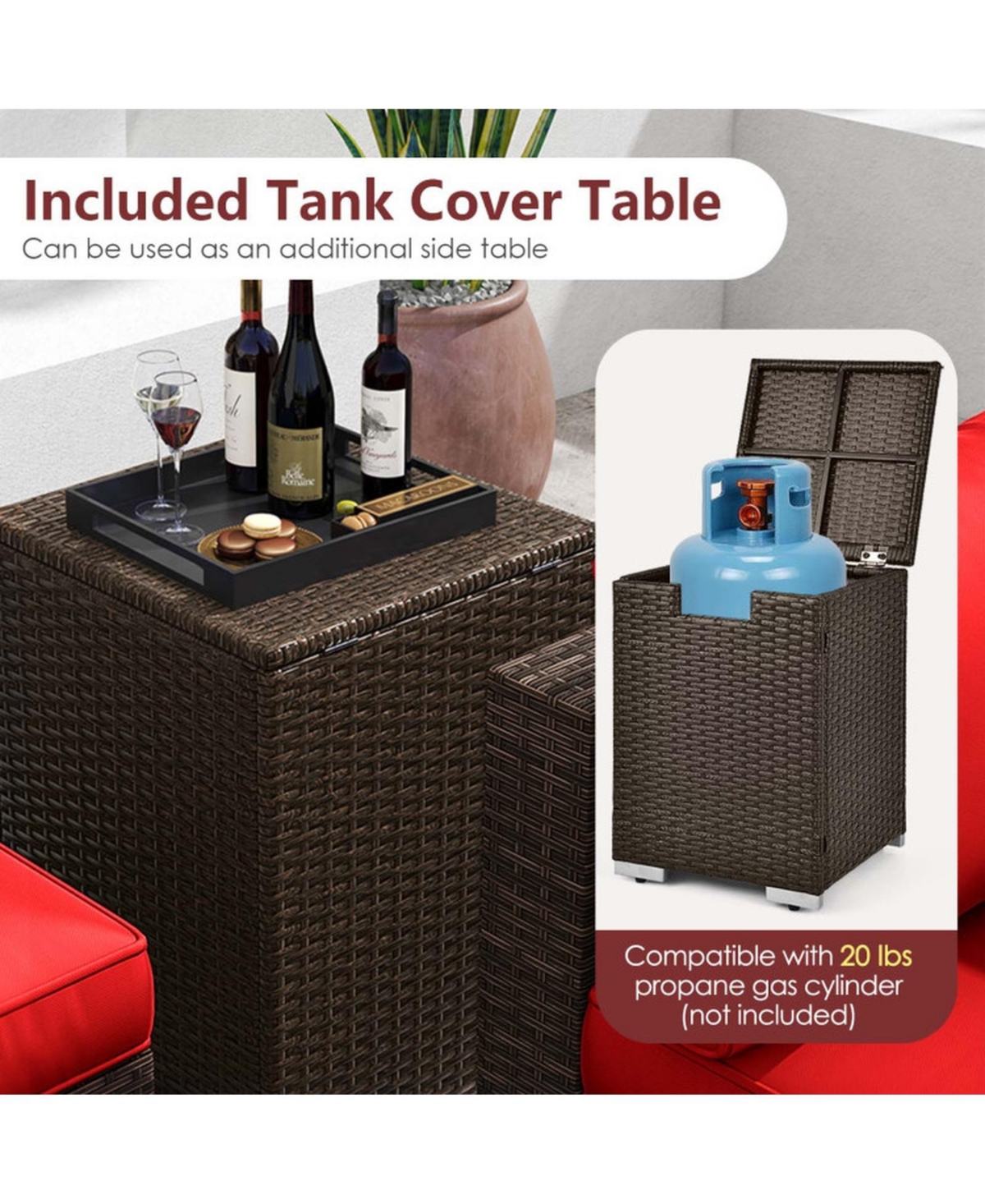 Gouun 7-Piece Wicker Sectional Set with 32 in Fire Pit Table and Tank Cover