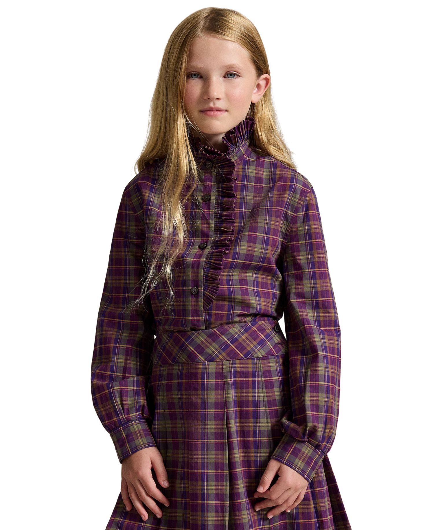 Girls' 7-16 Plaid Ruffled Cotton Poplin Top