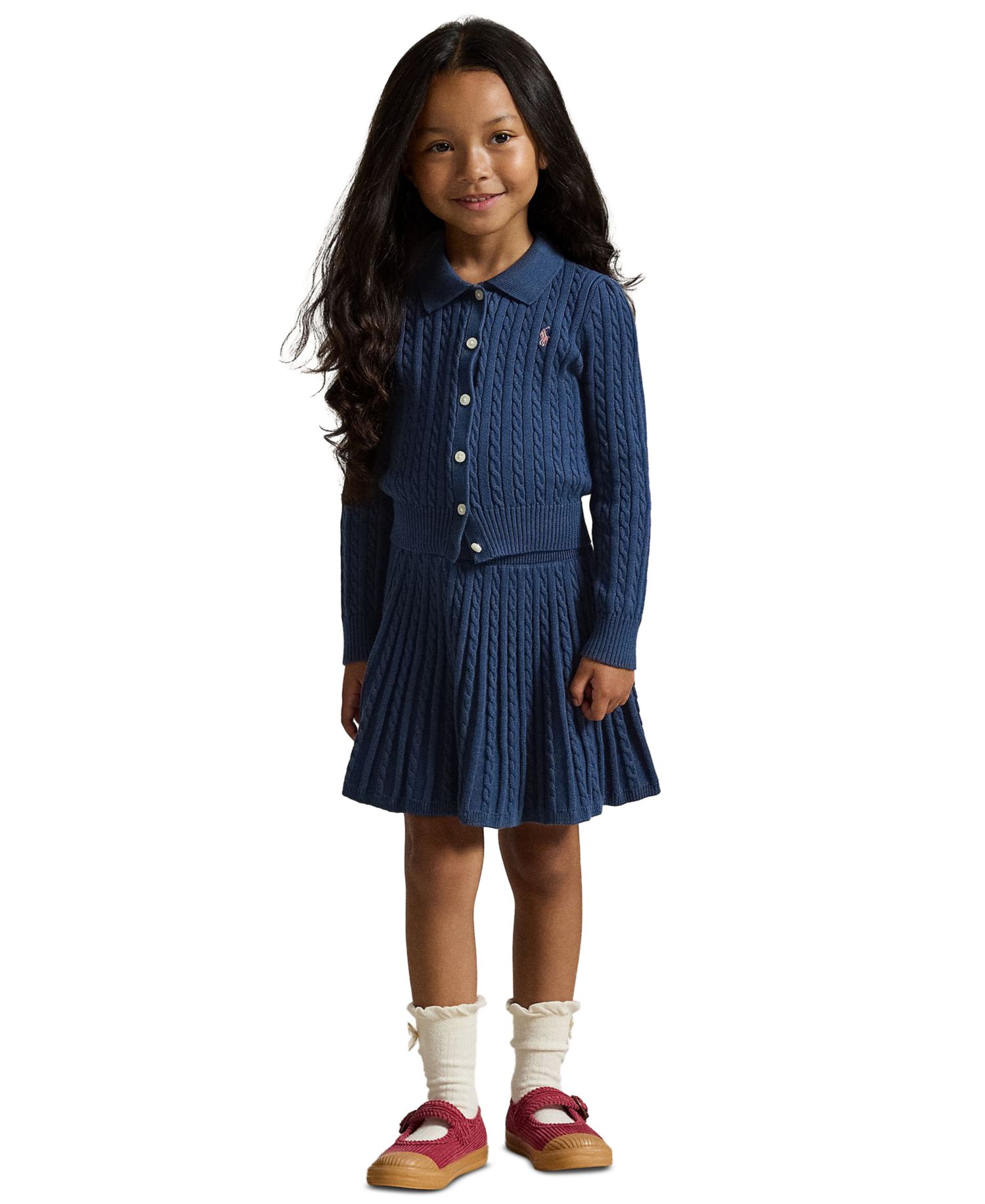 Girls' 2T-6X Cotton Polo Cardigan and Skirt, 2-Piece Set