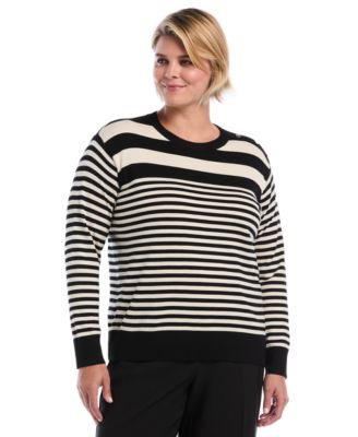 Plus Size Striped Crewneck Ribbed Trim Pullover Sweater