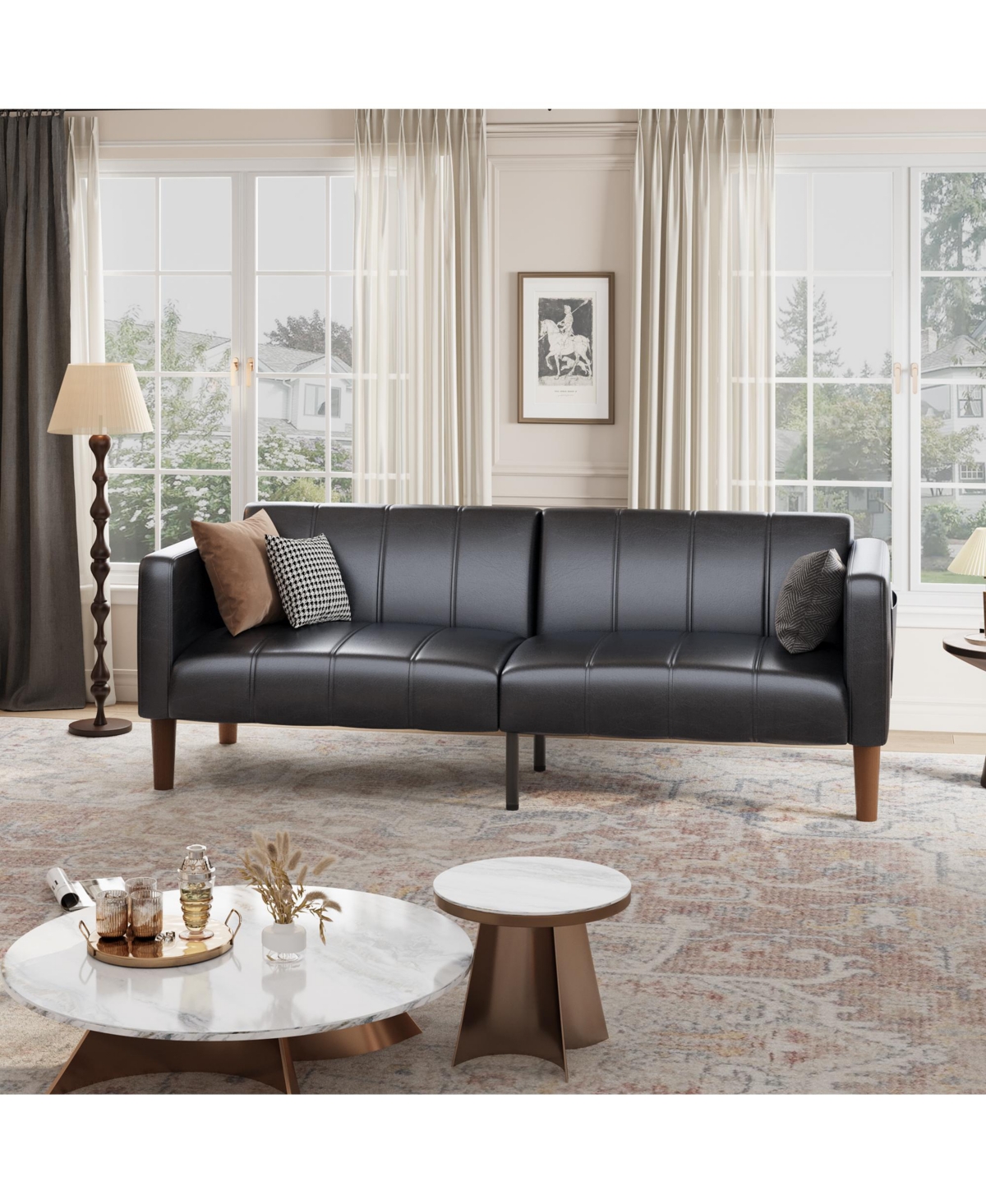 homfan 3-Mode Convertible Faux Leather Loveseat, Adjustable Backrest Futon Sofa Bed with Side Pockets, Mid-Century Furniture for Small Indoor Spaces