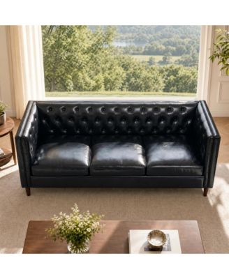 81'' Modern Faux Leather Couch for Living Room, Mid Century Sofa with Deep Seat, Handmade Button Tufted Sofa, Chesterfield 3 Seater Couch for Office