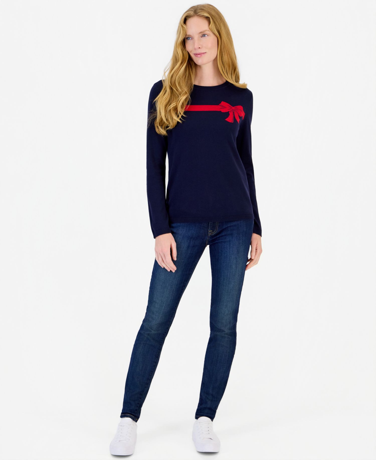 Women's Bow Jacquard Crewneck Holiday Sweater