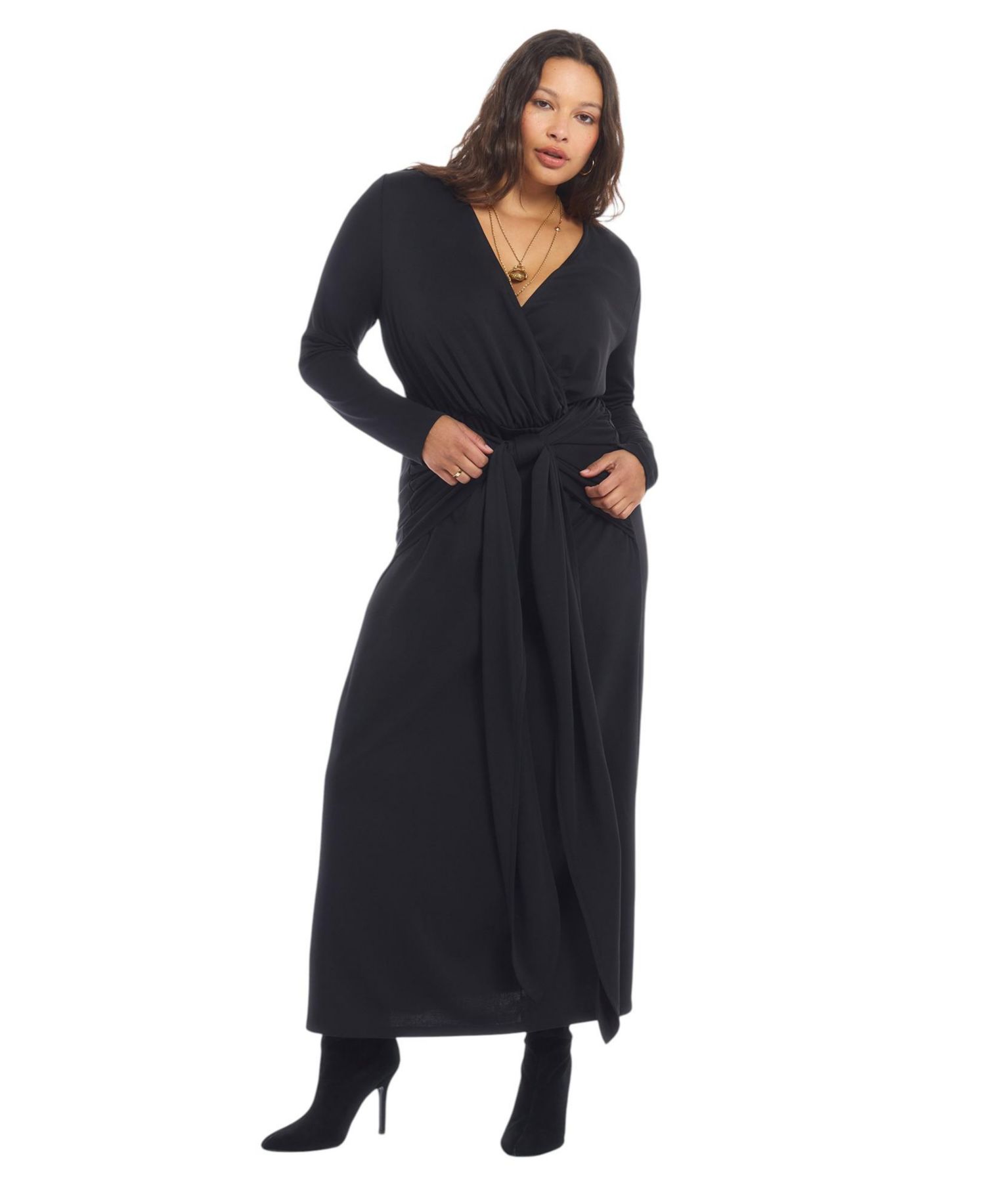 Plus Size Surplice Long-Sleeve Tie-Waist Maxi Dress