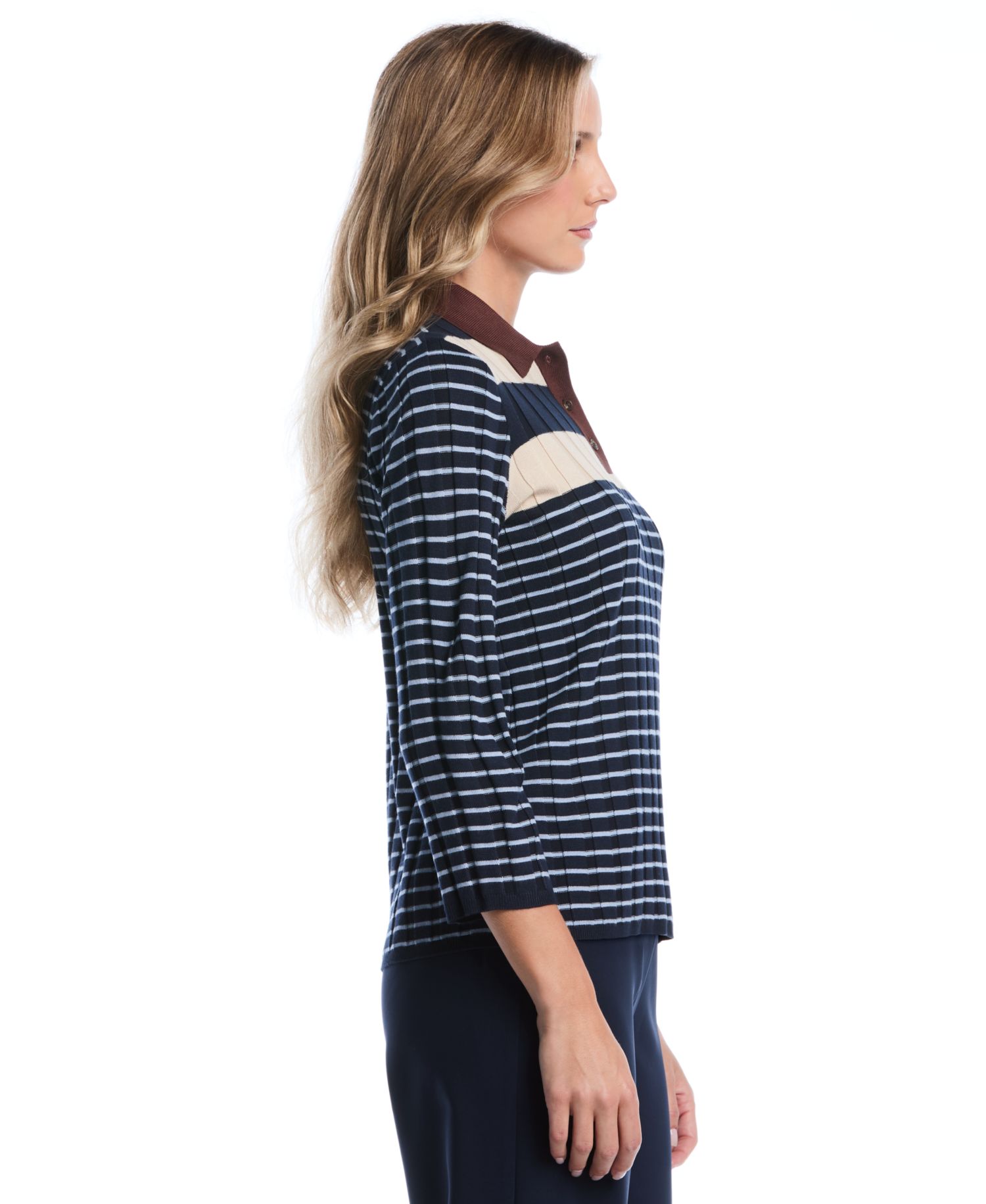 Petite Striped Polo 3/4-Sleeve Sweater