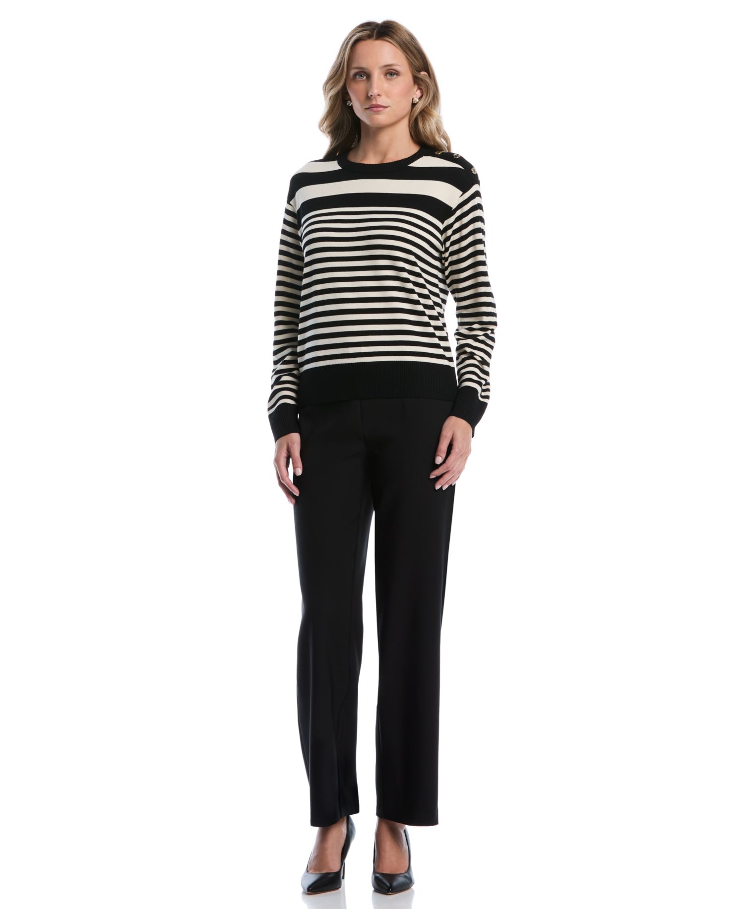 Petites Striped Crewneck Long-Sleeve Sweater