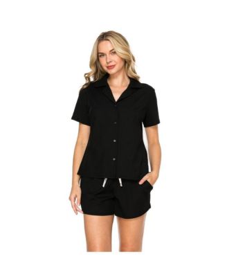 Women's Yummy Jersey Rib Notched Collar Button Up Top and Short PJ Set