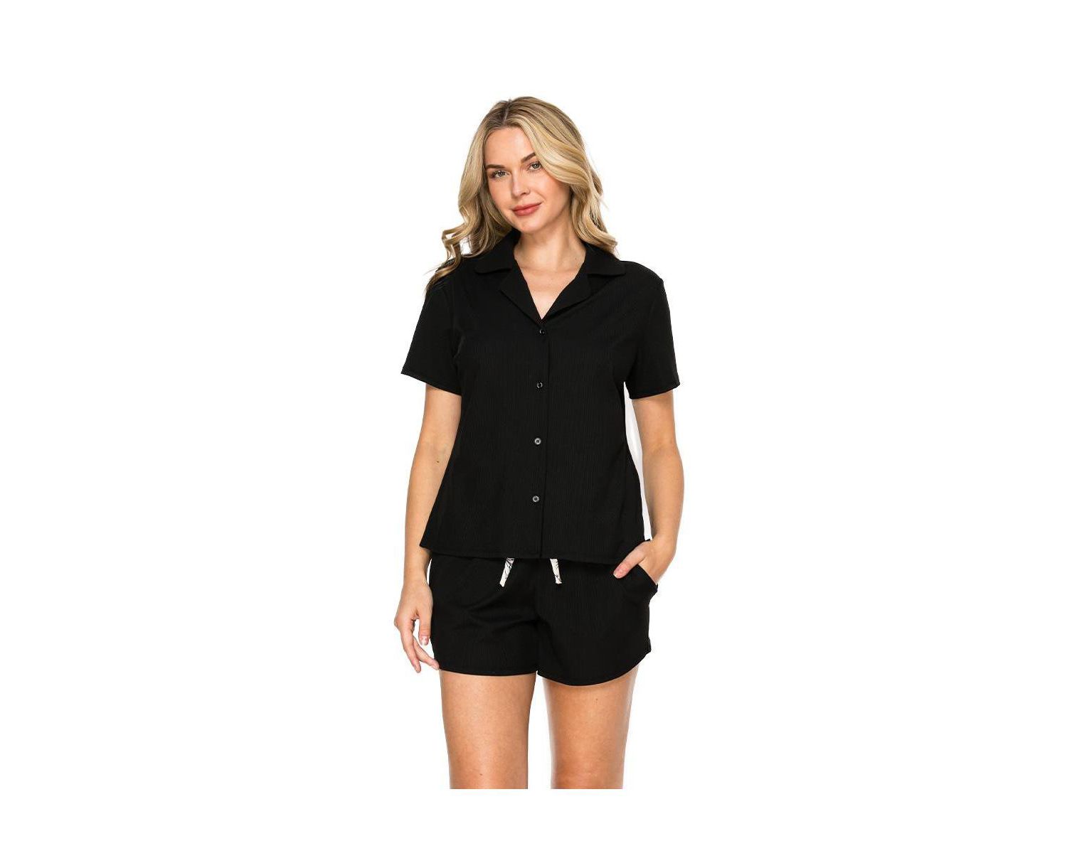 Women's Yummy Ribbed Jersey-Knit Notch Collar Button-Up Top and Shorts Pajama Set