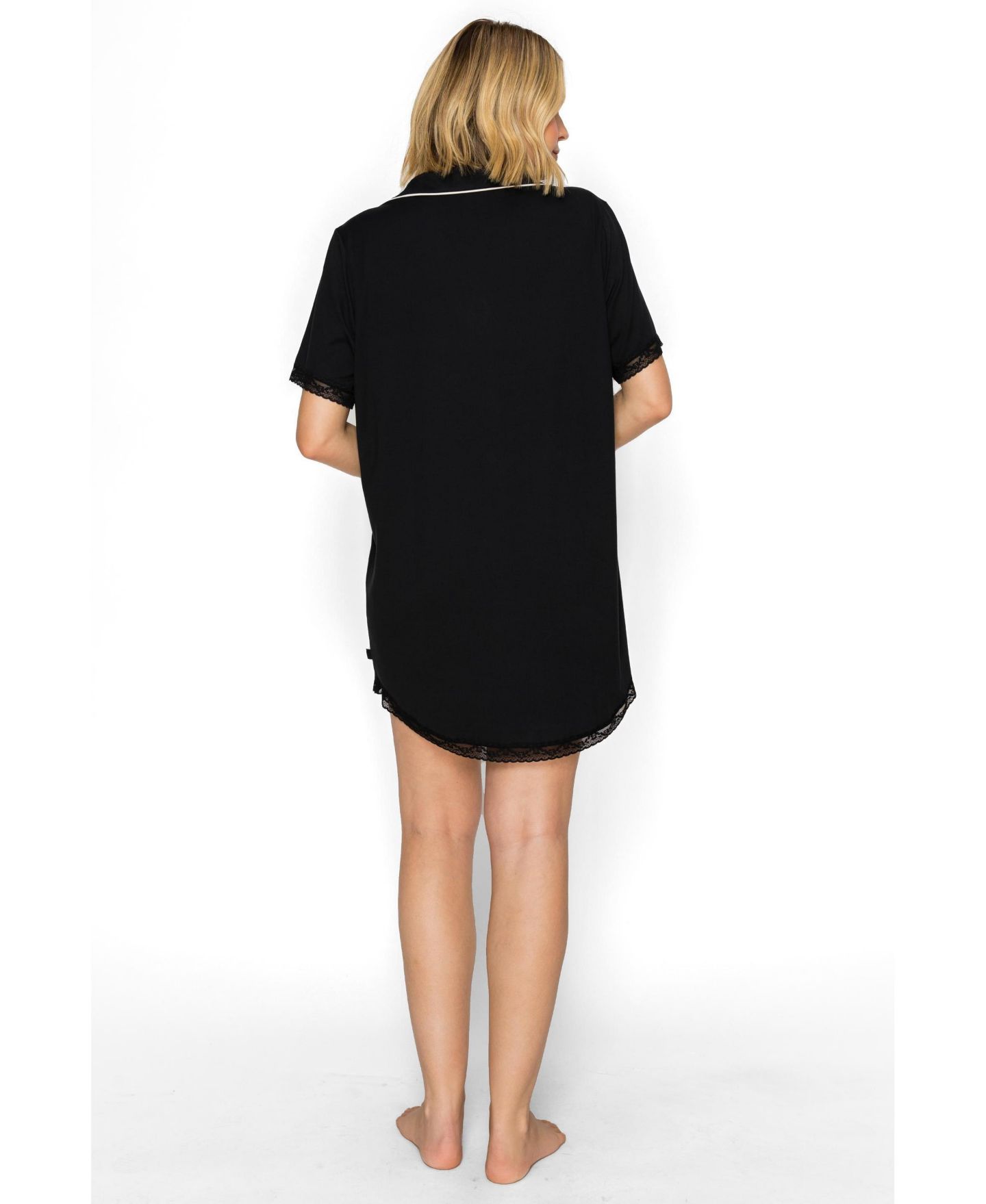 Женское платье Studio Badgley Mischka Yummy Button-up Short-Sleeve Notched Collar Sleep Dress, цвет: Чёрный — фото 3