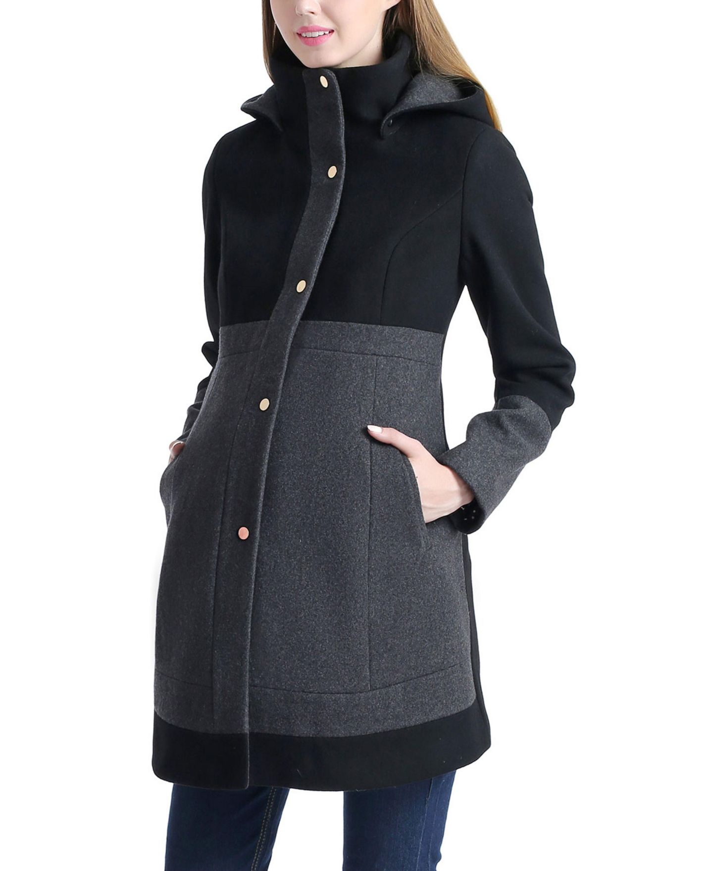 Женское пальто kimi + kai Maternity Tessa Hooded Wool-Blend Colorblock, цвет: Чёрный — фото 2