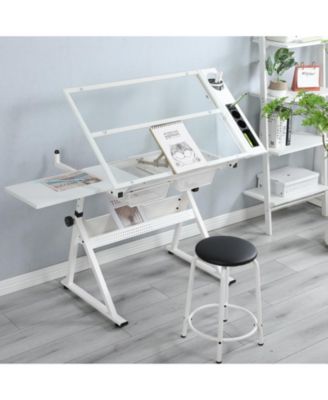 Height Adjustable Drafting Table with Stool, Tilting Glass Top Art Desk with 2 Drawers