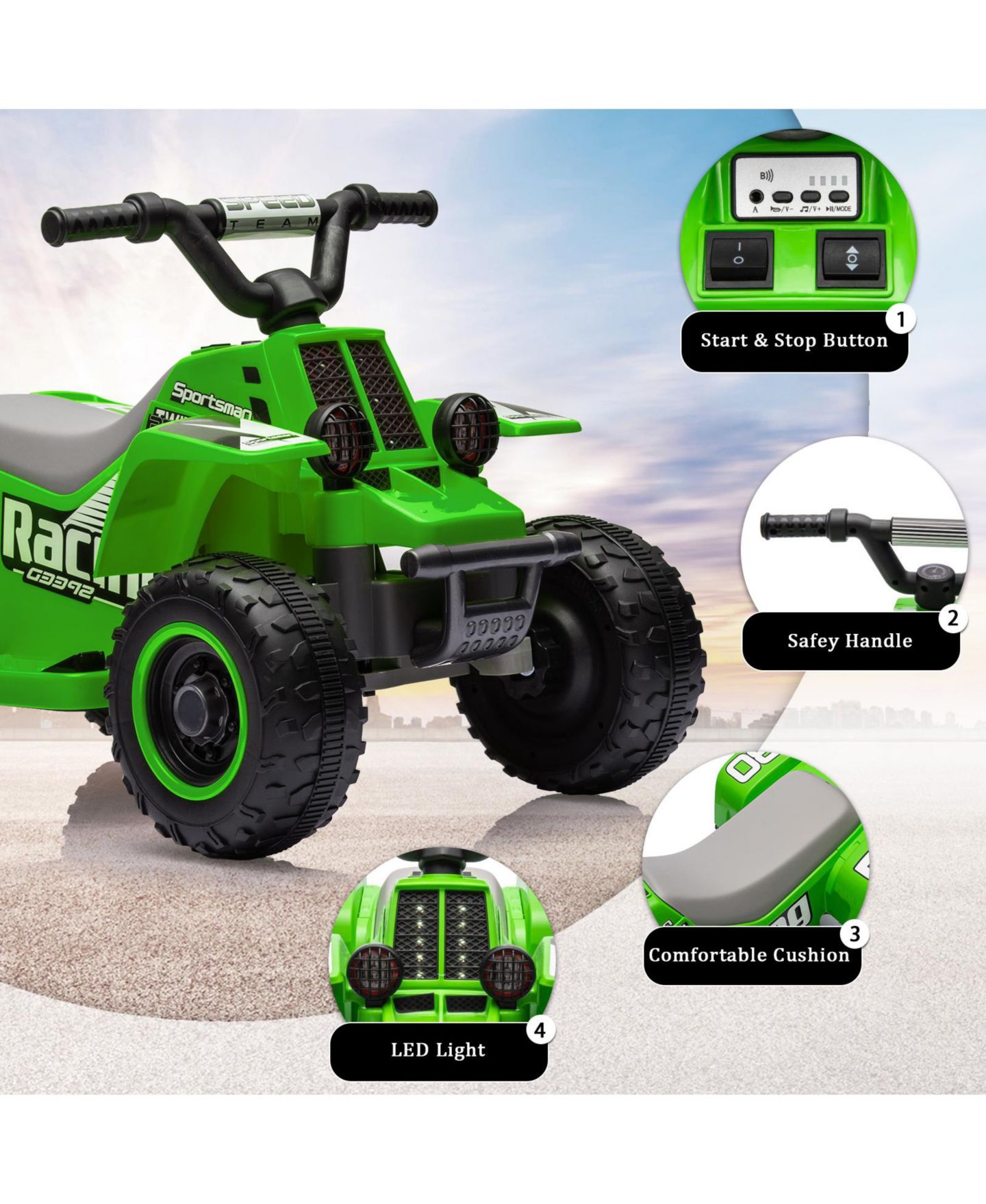 Детская игрушка homfan Electric 4-Wheeler Ride-On ATV, 6V Battery Powered, Push-Button Accelerator, Up to 55 lbs, Ages 3+, цвет: Зелёный — фото 3
