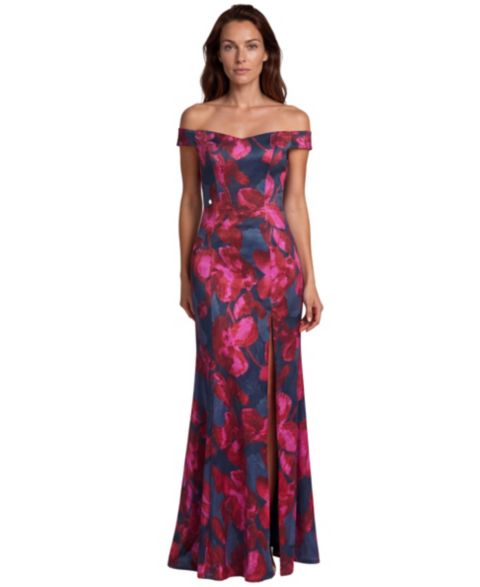 Женское платье Rene Ruiz Occasion Off-the-Shoulder Floral-Print Scuba Gown, цвет: Тёмно-синий красный