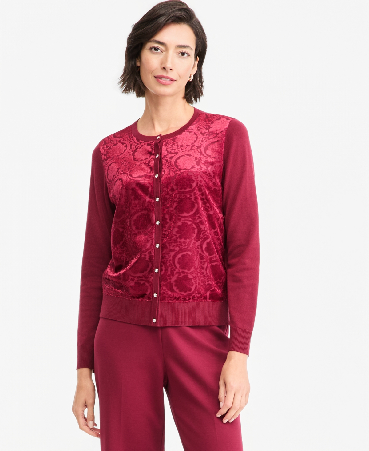Jm Collection Women's Party Floral-Print Burnout Velvet Cardigan, Macy's Exclusive - Cherry Pie
