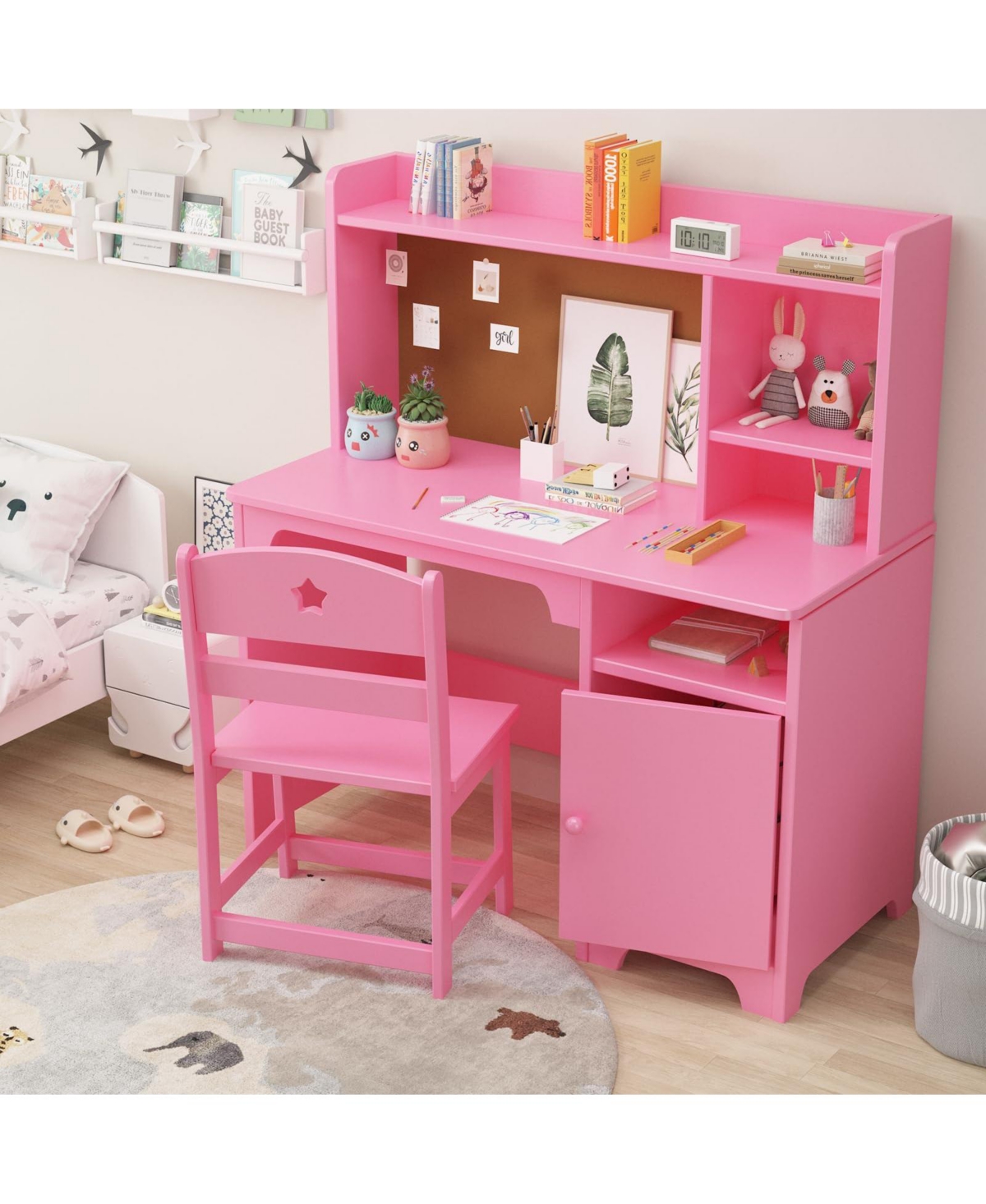 homfan Kids Desk and Chair Set with Hutch, Wooden Writing Table Storage Cabinet for Bedroom, Study Room, Computer Workstation