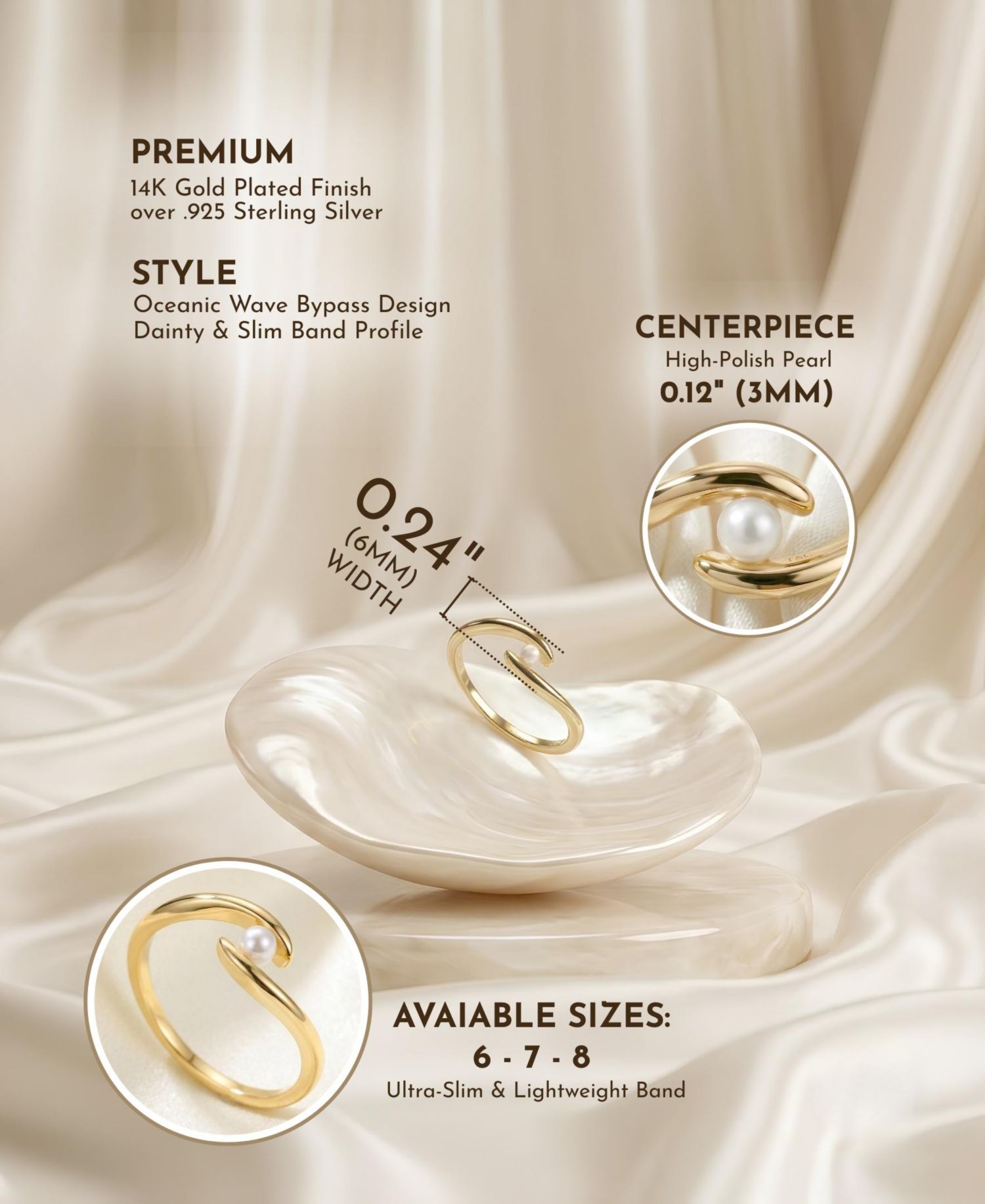 Minimalist 14K Gold Plated Dainty Pearl Elegant Slim Band Ring