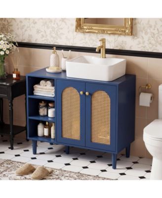 36" Under Sink Cabinet, Boho Sink Base with Rattan Doors