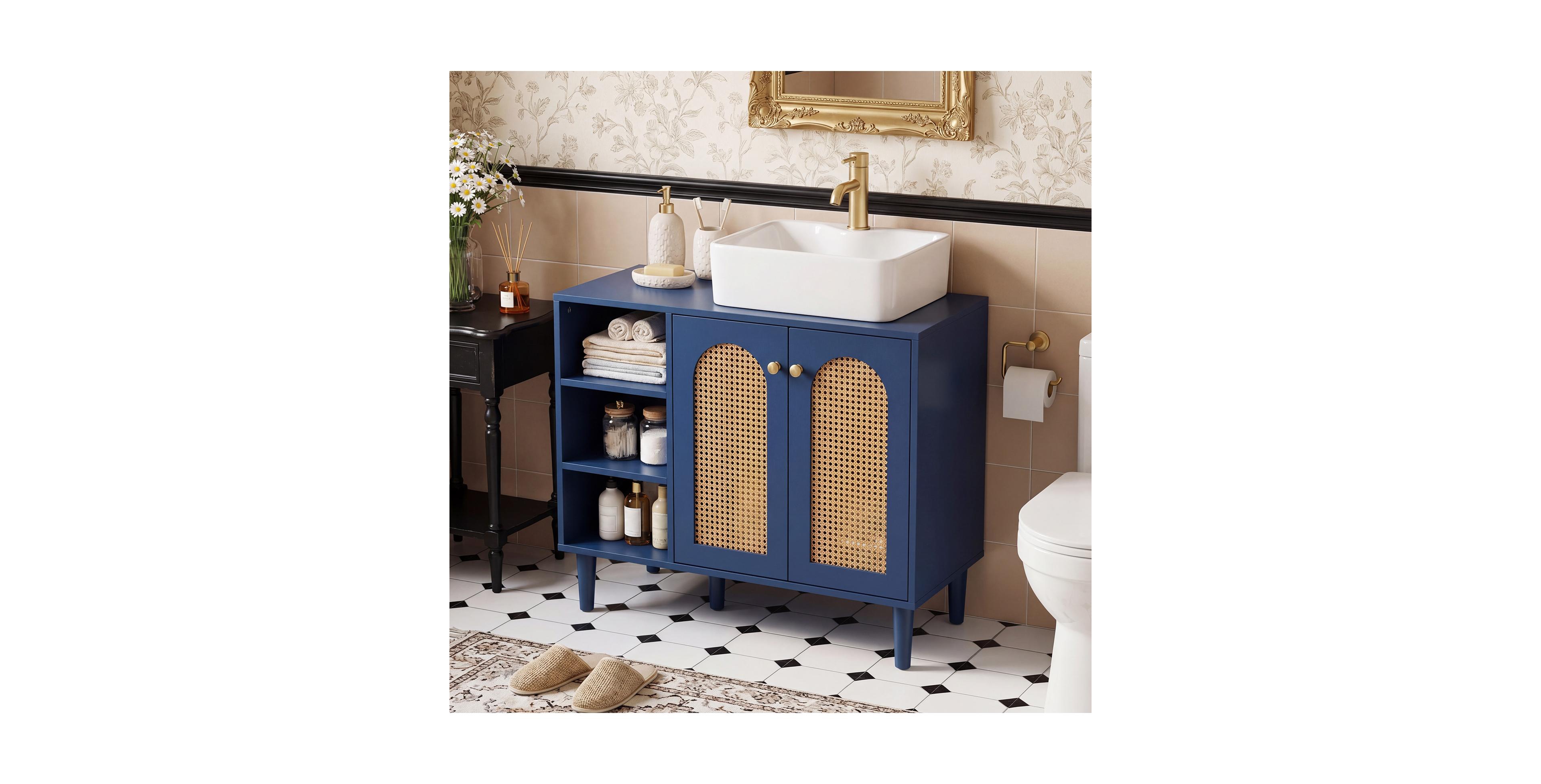 Costway 36" Under Sink Cabinet, Boho Sink Base with Rattan Doors