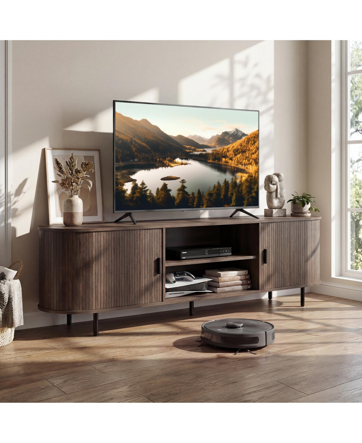 Costway Tv Stand for 80" TVs with Fluted Sliding Doors and Open Shelves Living Room