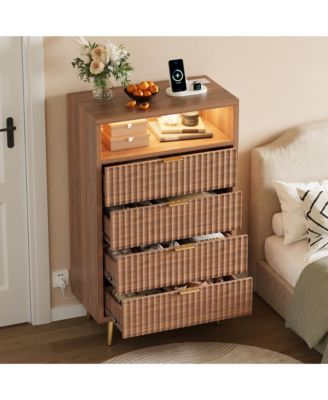 4-Drawer Bedroom Dresser with LED Lights and Charging Station, Fluted Wood Chest of Drawers with Gold Handles and Open Shelf, Modern TV Stand