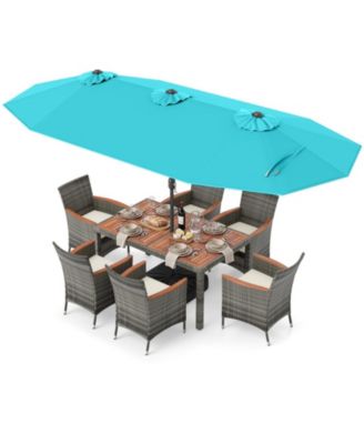 8-Piece Outdoor Wicker Dining Set with 13.5 Ft Double-Sided Patio Umbrella