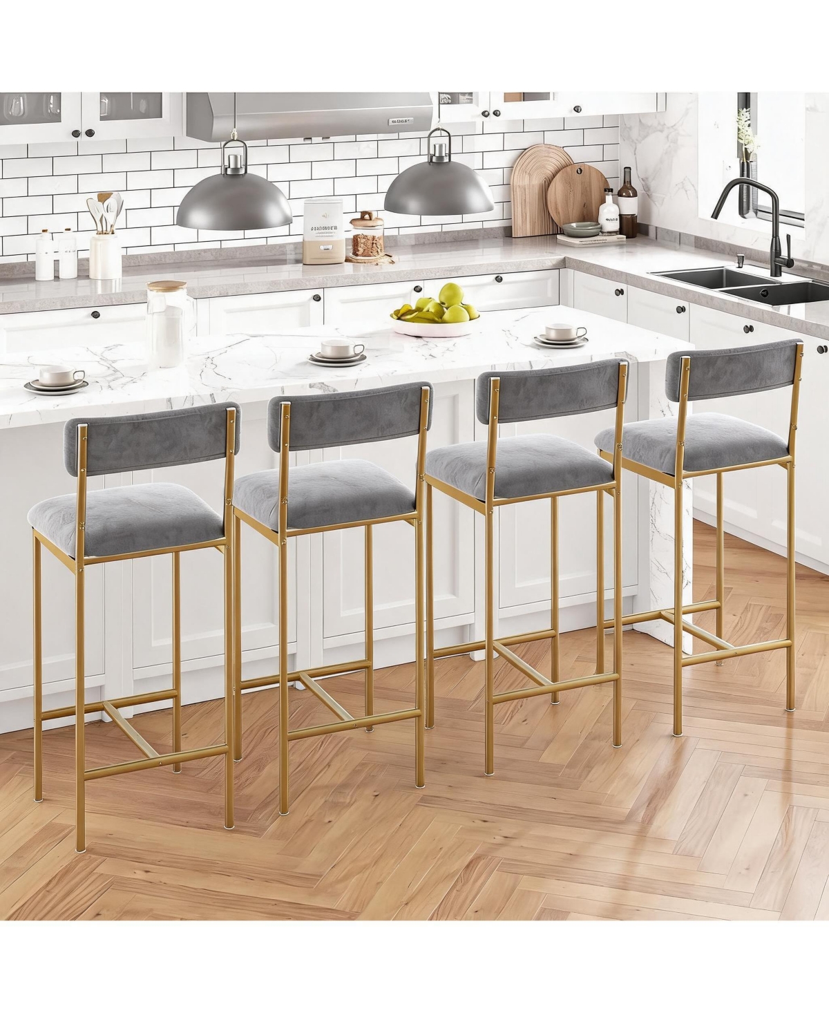 gaomon Bar Stools Set of 4, Kitchen Bar Stools with Footrest, 25.5 Inches Upholstered Bar Chairs with Frame and Ergonomic Backrest