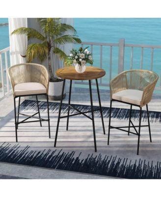 3 Piece Rope Woven Patio Bar Set with Soft Cushions and Acacia Wood Tabletop