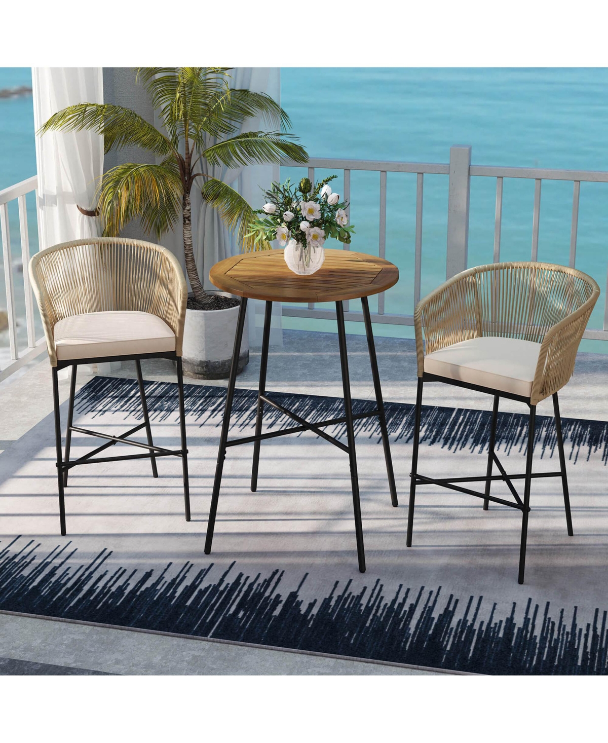 Costway 3 Piece Rope Woven Patio Bar Set with Soft Cushions and Acacia Wood Tabletop