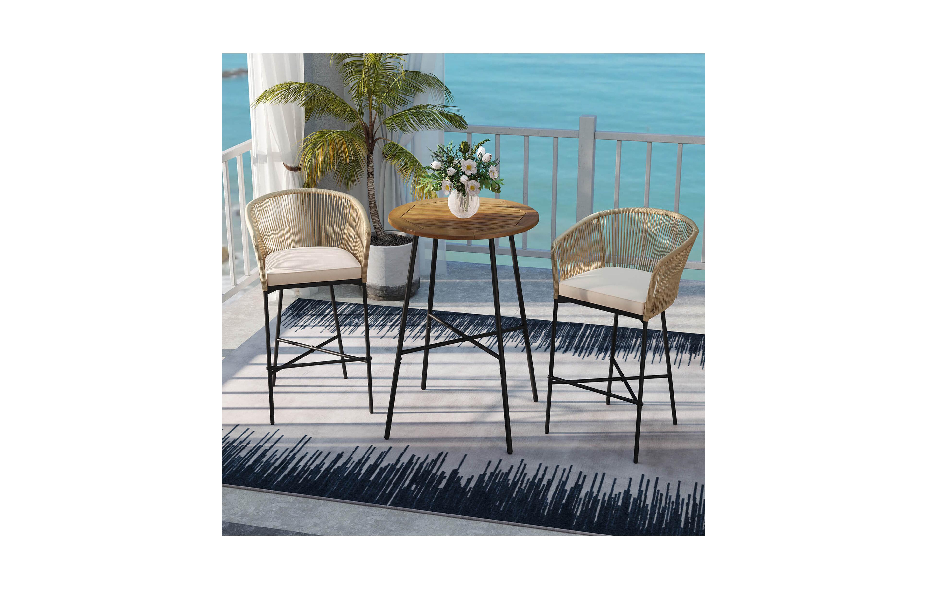 Costway 3 Piece Rope Woven Patio Bar Set with Soft Cushions and Acacia Wood Tabletop