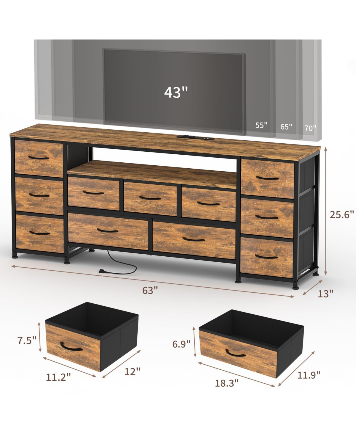 gaomon 63-Inch 11-Drawer Dresser with Integrated Power Outlets and Led Lighting, Tv Stand for 70-Inch Screens, Wide Chest for Bedroom and Living