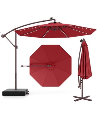 Patio Hanging Offset Umbrella 32 LED Lights Sand Bag Outdoor Cross Base