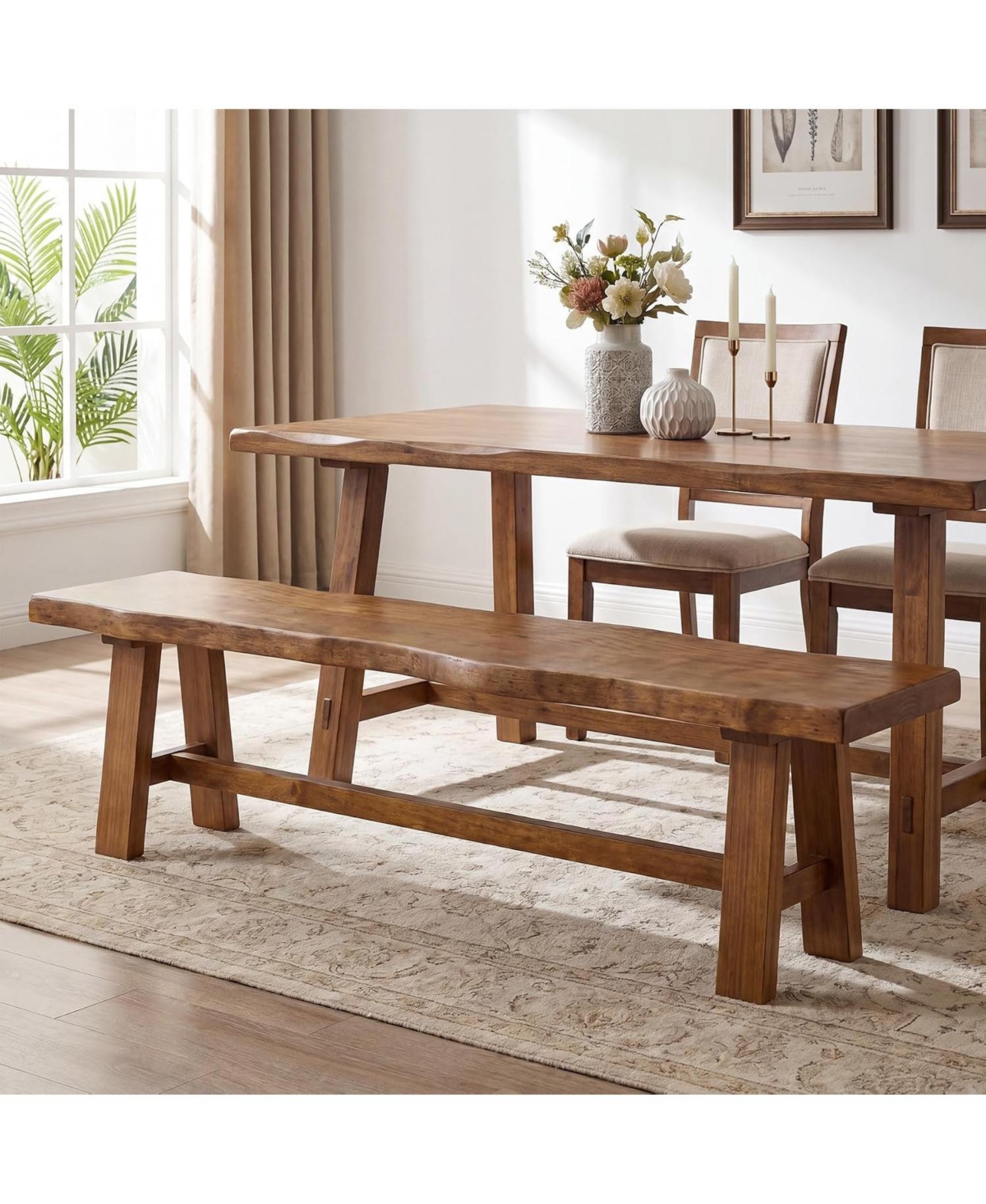 Tribesigns 63 Long Solid Wood Dining Bench, Farmhouse Entryway Bench with Angled Legs for Dining Room, Kitchen, Entryway